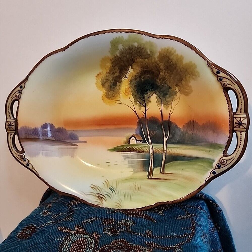 Vintage Nippon Hand-Painted Handled Decorative Bowl 10.5" sunset trees water